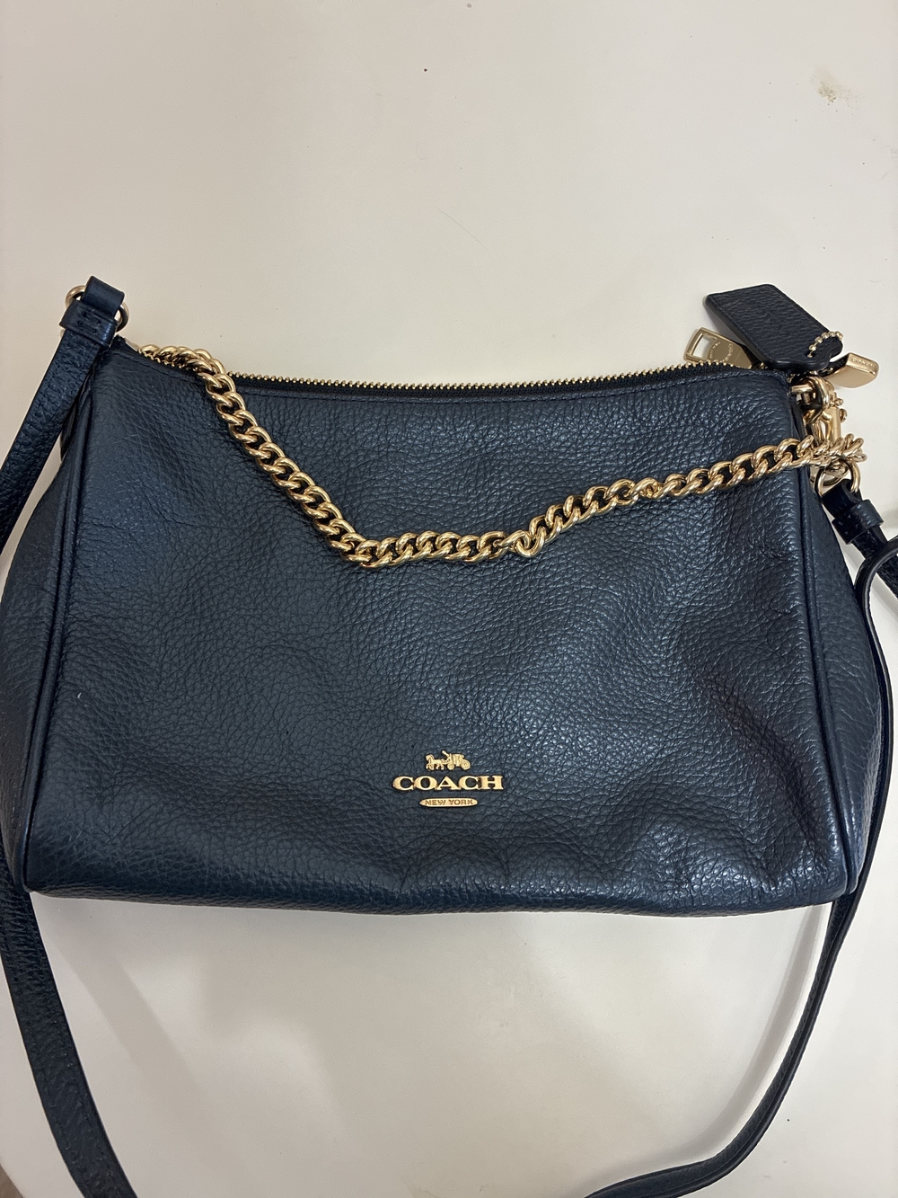 Coach Black Pebbled Leather Shoulder Bag with Gold Chain Accent